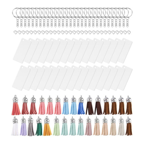 120 PCs Acrylic Keychain Blank Tassel Pendant Set Includes Rectangular Transparent Acrylic Keychain
