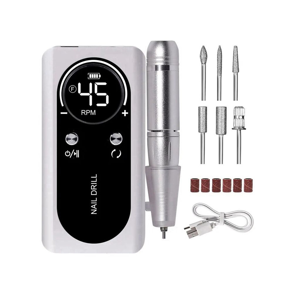 White 45000Rpm Electric Portable Nail Drill Machine Rechargeable Low Noise Nail Sander File For Manicure Salon Tool