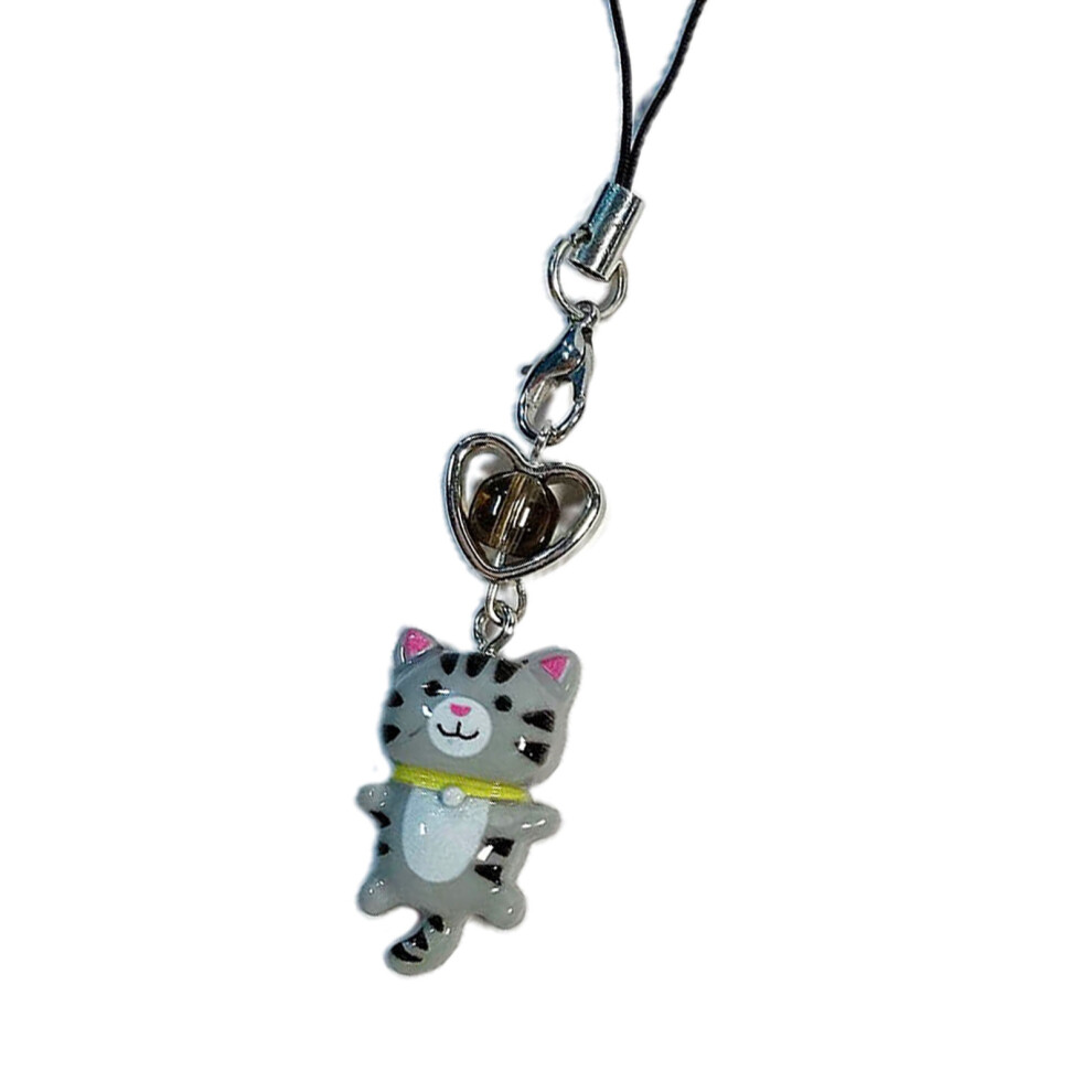 Heart Cat Pendant Phone Chain Strap Lanyard Kitten- Gray 7732000913242