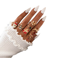 8pcs Christmas Charm Rings Gold Color Enamel Rings Santa Clause