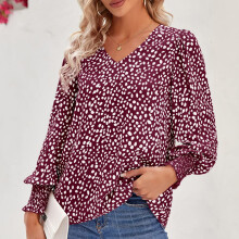 Damen-Bluse mit V-Ausschnitt und langen Ärmeln – Punktmuster, elastische Bündchen, Weinrot – Größe M