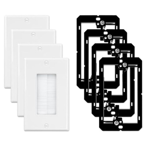 4 Brush Wall Plate with Low Voltage Mounting Bracket,Cable Pass Through Insert for Wires,Single Gang Cable Access Strap
