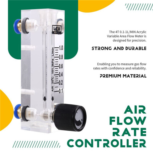 4T 0.1-1L/MIN Acrylic Variable Area Flow Meter Adjustable Panel Mount Gas Rotameter Air Flow Rate Controller 1