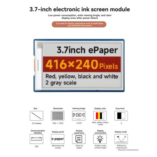 3.7inch E-Paper Display Module 416x240 Red-Yellow-Black-White for  Raspberry Pi ESP32 STM32 Nude Screen Version 1