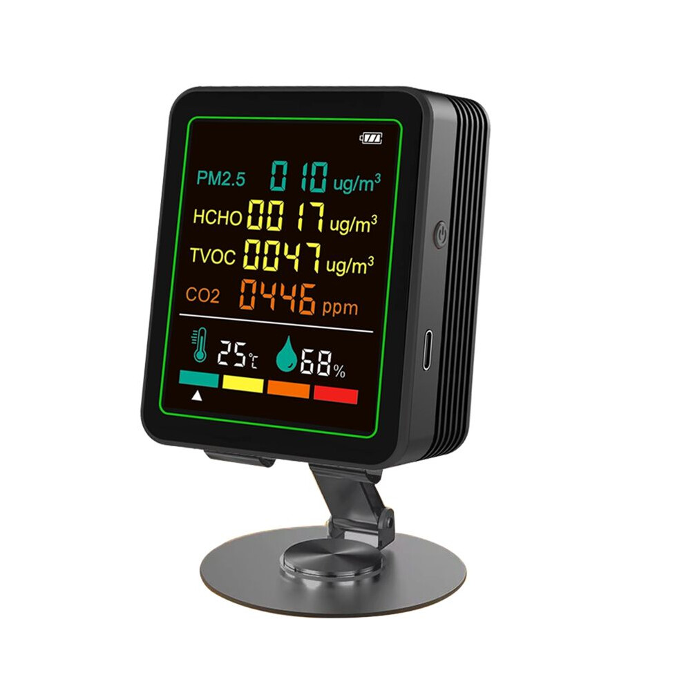 6In1 Digital Air Quality Monitor Detector Formaldehyde Tvoc Pm2.5 /Co2 Meter Temperature Humidity Tester Black 6031158792541