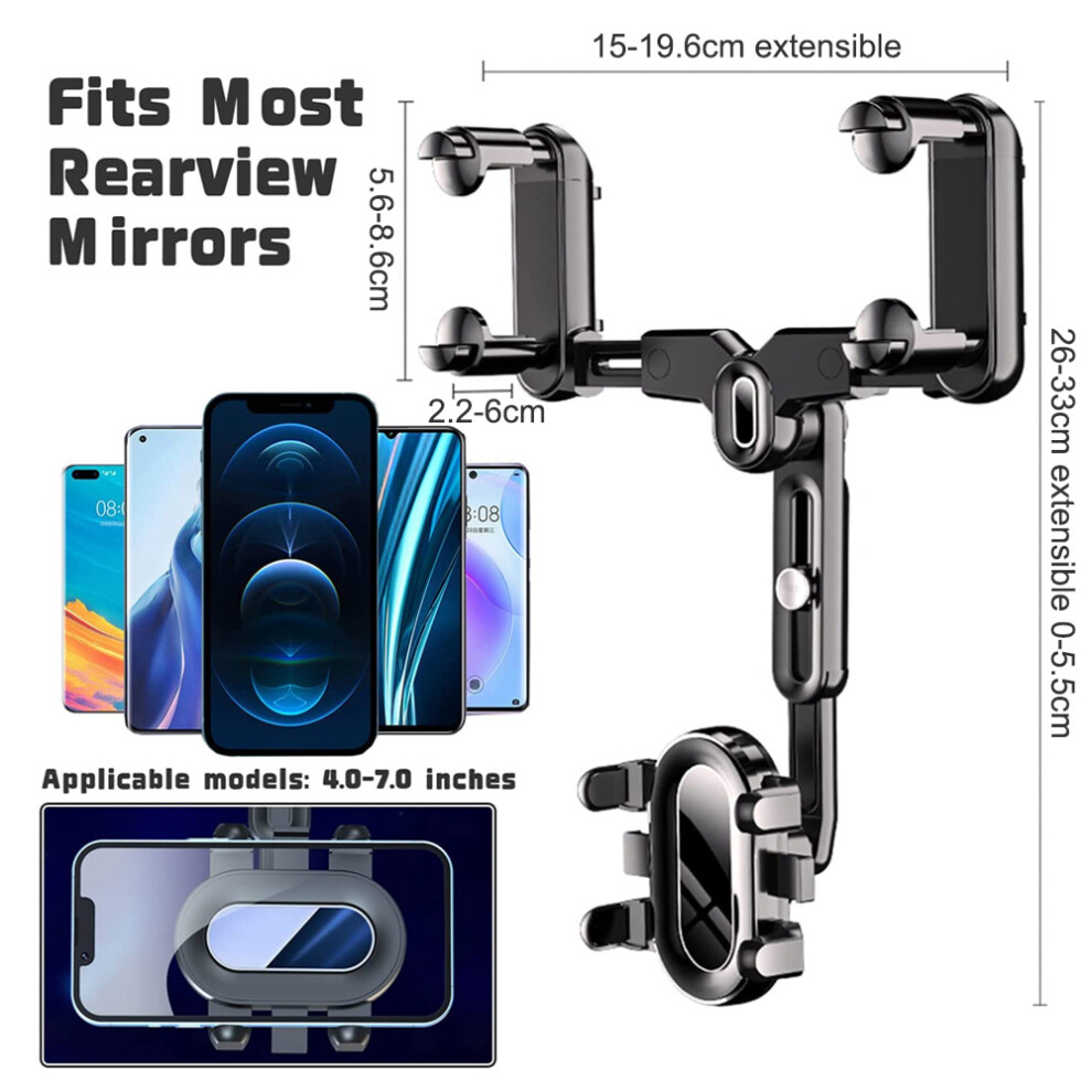 Rearview Mirror Phone Holder For Car, 360 Rotatable Multifunctional Phone Mount With Retractable Arm, Universal Compatibility Anti-Shake Design For 9169997051394
