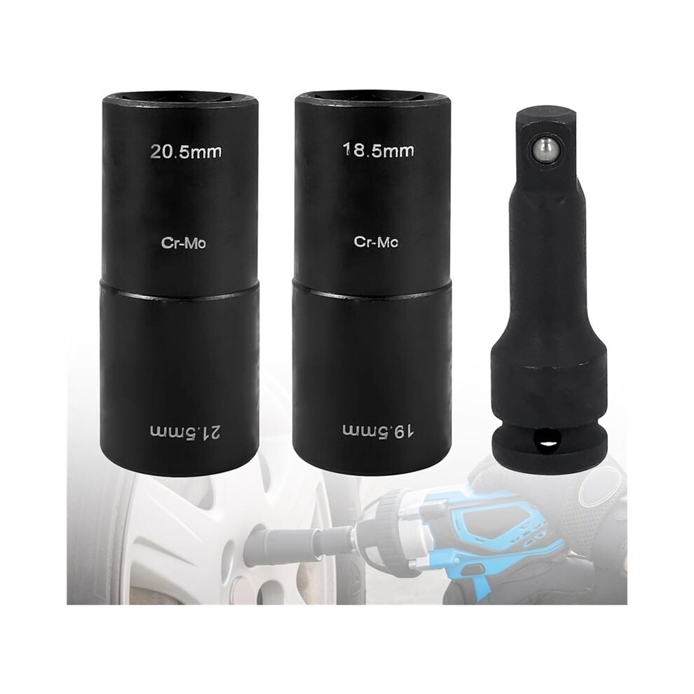 Set Of 3 Double Impact Wrench Nuts Set 18.5/19.5/20.5/21.5 Mm With 1/2 Inch Extension And Double Socket 6032060225530