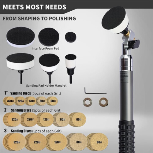 Bowl Sander Tool Kit with 1" - 3"Hook & Loop Sanding Discs,75 Piece Sandpaper, Backing Pads with Foam Interface & Handle 2