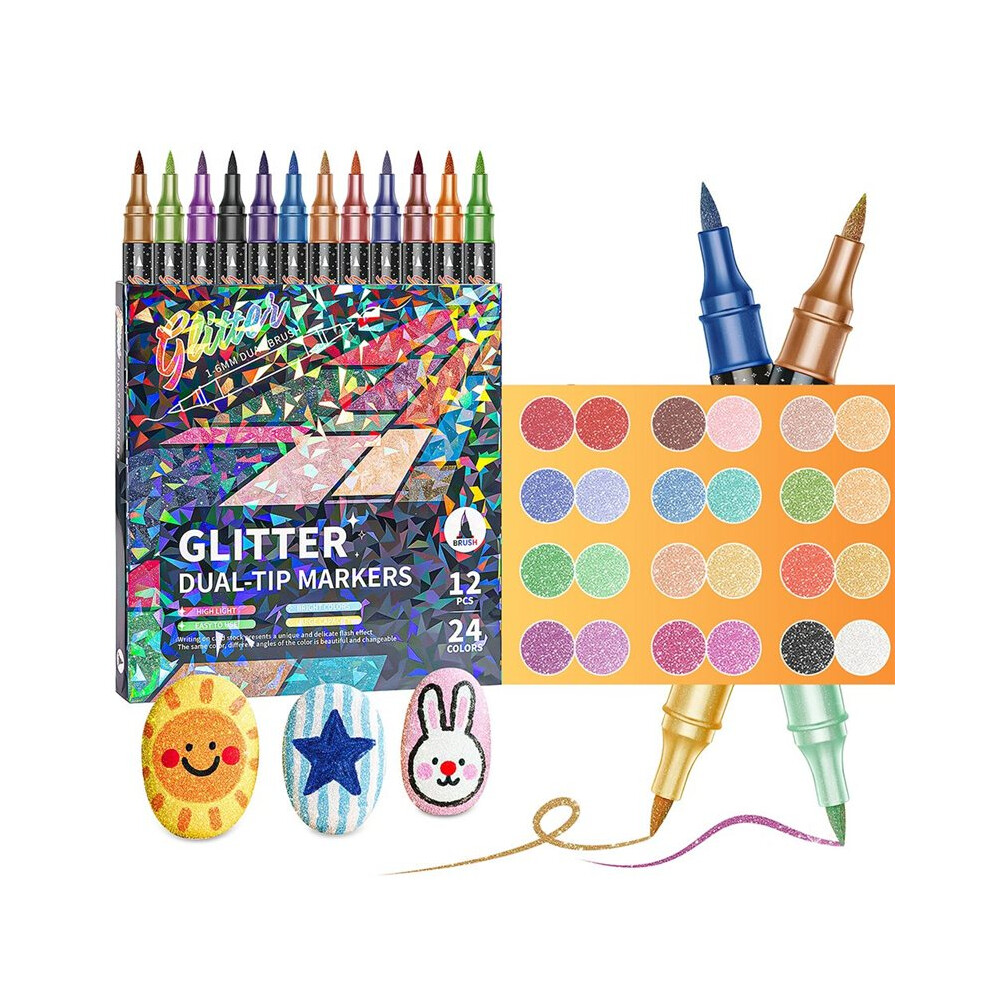 Exogio Glitter Effect Brush Markers For Doodle Writing, Dual Tip Dual Color Shimmer 24 Colors