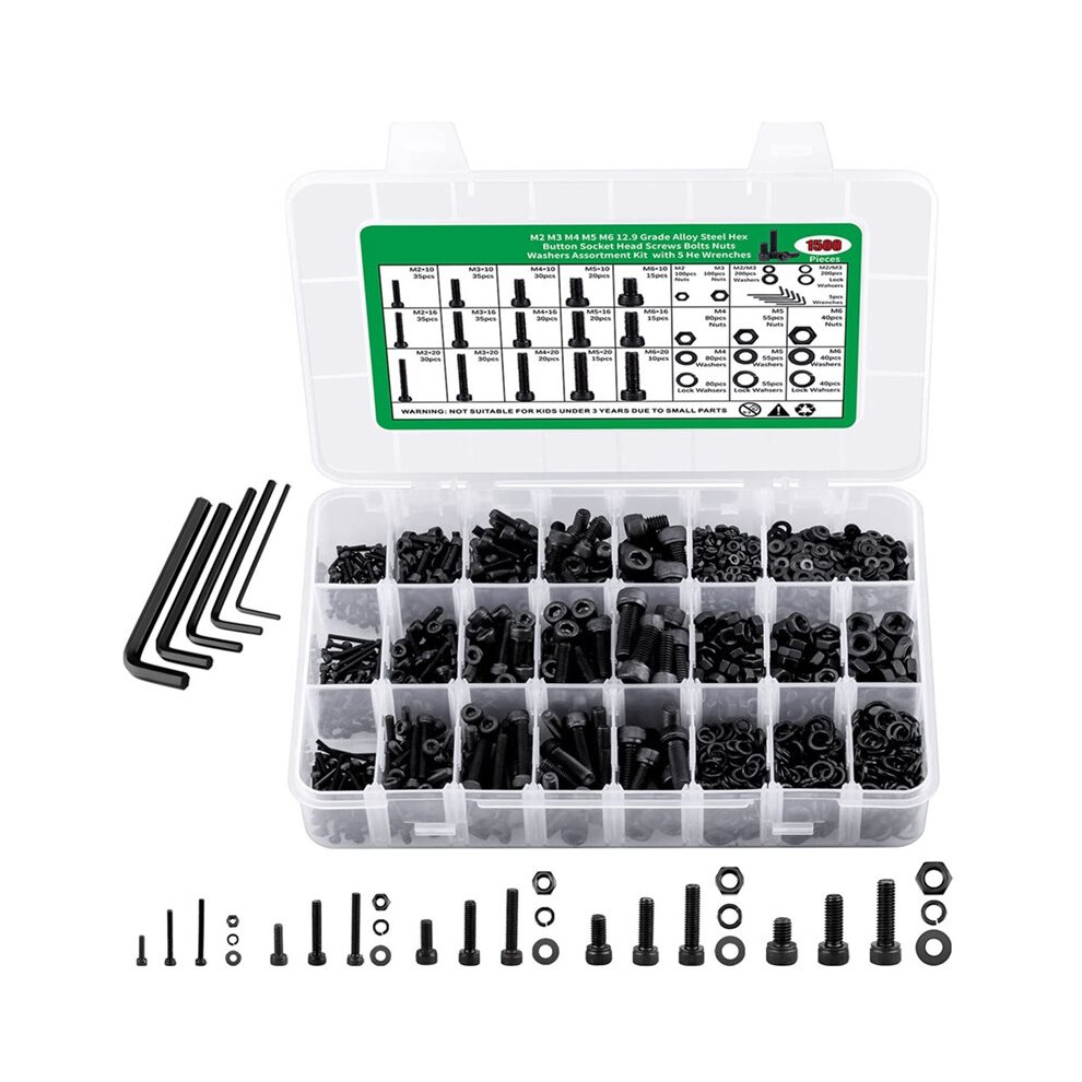 1500Pcs Screws Nuts And Washers Assortment, Hex Socket Cap Metric Bolts And Nuts Kit For 3D Printer Furniture 4713241550970