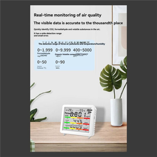 Large-Screen Temperature and Humidity Detector, CO2, Formaldehyde, and TVOC Detector,Multi-Functional Air Detector White 2
