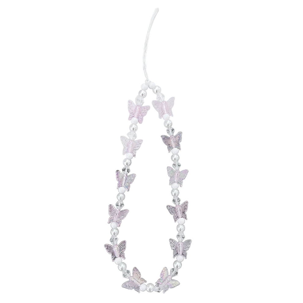 Phone Lanyard Wrist Strap Butterfly And Bead Chain Phone- Pink 7732000908033