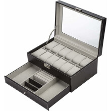 Double Layer Organizer for Watches, Velvet Lined Lockable Watch Box with Jewelry Drawer, Ideal for Watch Enthusiasts
