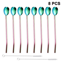 (As show, One size) Reusable Stainless Steel Straws Spoons with Brush 8 Pcs - Durable and Multifunctional