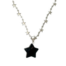 Star Pendant Necklace Clavicle Chain Spotted Stone Choker-Black