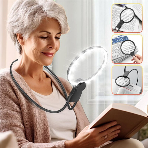 Lupa com Luz para Leitura, 5,1 Polegadas, Lupa 6x com Suporte, Lupa  para Uso no Pescoço 1