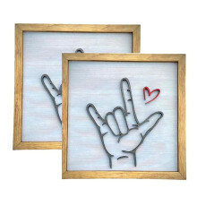 Love You Gebarentaal Muurkunst, Thuis Muurdecoratie Schilderij Houten Fotolijst Hand Symbool voor Liefde Teken Muur
