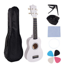 21 Inch Ukeleleset voor Beginners, 4-Snarige Kleine Gitaar, Lindehouten Ukelele met Draagtasclip en 4 Plectrums-Wit