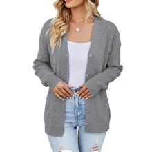 Strikcardigan til dame i kabelstrik, langærmet, åben front med knapper, kraftig cardigan med snoet striktekstur og ribbede manchetter, blød