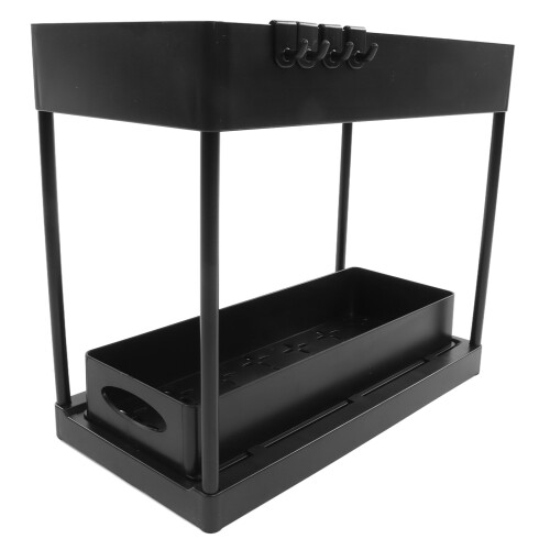 Efficient Under Sink Organizer For Enhanced Storage, 2 Tier Sliding System With Hooks Offers Quick Access, Abs Plastic Build Guarantees Strength And E 2