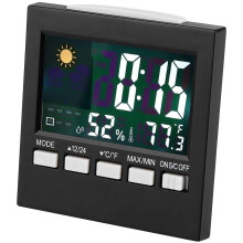 Weerstation met binnen- en buitenthermometer, geluidsgestuurde achtergrondverlichting voor digitale wekker, groot kleuren-lcd (9,2 x 3,9 x 9,2 cm)