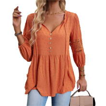 Women's Blouse Top with V Neck, Swiss Dot Fabric Lightweight and Flowy Long Sleeve Fashion Top, Button Front Lace Detail Peplum Tops for Work Casual
