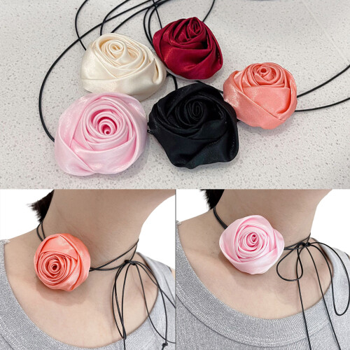 Collier ras du cou en soie avec fleur de Rose pour-Orange 2