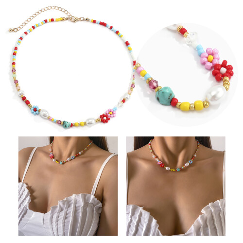 Collier ras du cou à fleurs mignonnes, Imitation de perles-UN 2