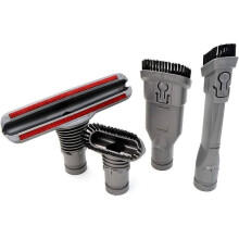 Kit completo de acessórios para aspirador Dyson, incluindo escova para colchões, bocal largo, escova flexível para frestas e escova macia.