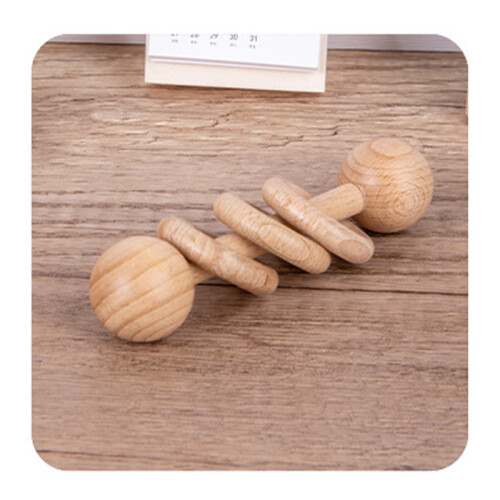 Solid Beech Wood Baby Rattle Teether Toy with 3 Rings for Grasping & Teething 2