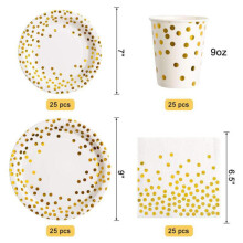 Artículos desechables para reuniones elegantes, vasos de mayor tamaño con fácil limpieza, diseño de lunares dorados metalizados, artículos de