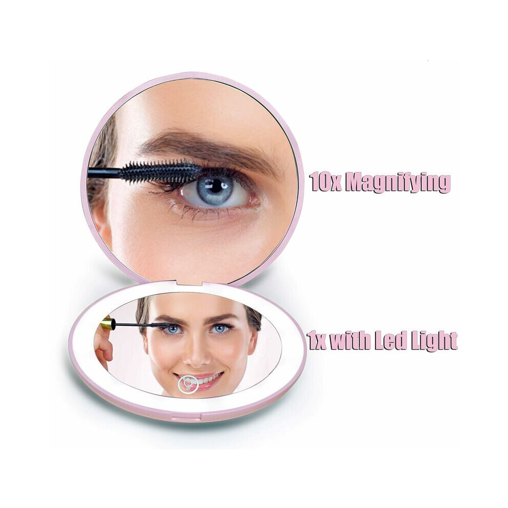 Rechargeable Magnifying Compact Mirror for Girls, Dimmable LED Lights Dual-Sided Makeup Mirror Foldable Design Magnetic Opening Travel Makeup Mirror