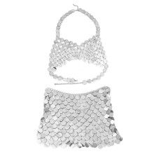 Short Sequin Cover Up Skirt Bikini Crop Top Body Chain-Silver