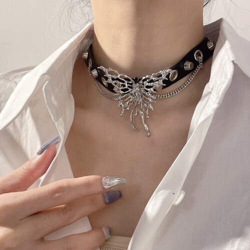 Collier ras du cou en cuir papillon, clavicule réglable, Punk, 1