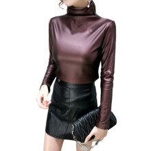 Camisas casuales para mujer, blusa de cuello alto de manga larga de piel sintética, top de manga abullonada de piel sintética con cinturón, moda