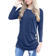 Blusas túnicas de manga comprida para mulheres, blusas casuais com corte solto e gola redonda, camisa de tecido macio com detalhes de botões para