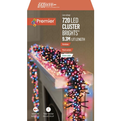 Premier Premier - 720 LED Multi Action Cluster Brights With Timer - Rainbow/Green