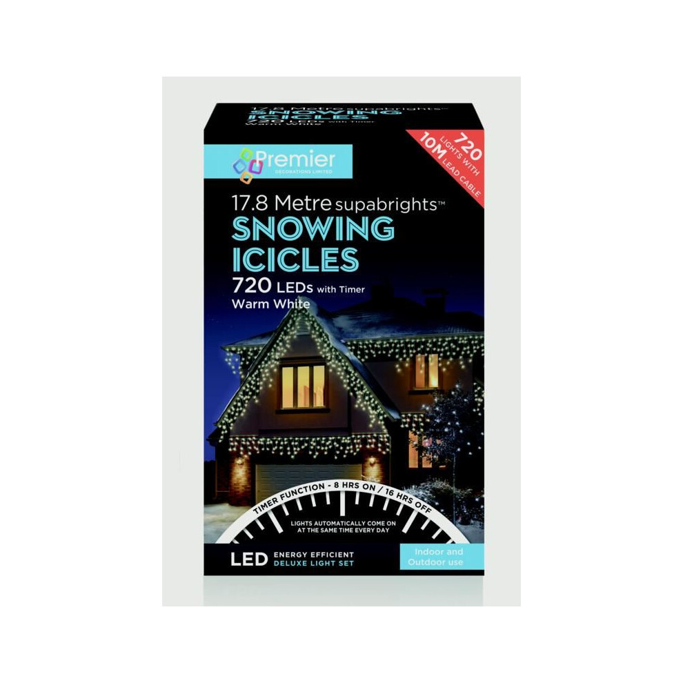 Premier 17.8M (720 Led) Outdoor Led Icicle Christmas Timer Lights - Warm White