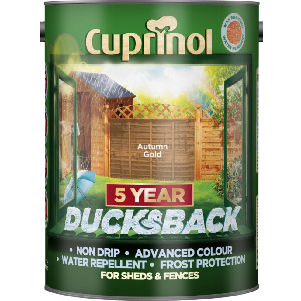 Cuprinol Ducksback 5 Year Waterproof for Sheds and Fences, 5 L - Autumn Gold