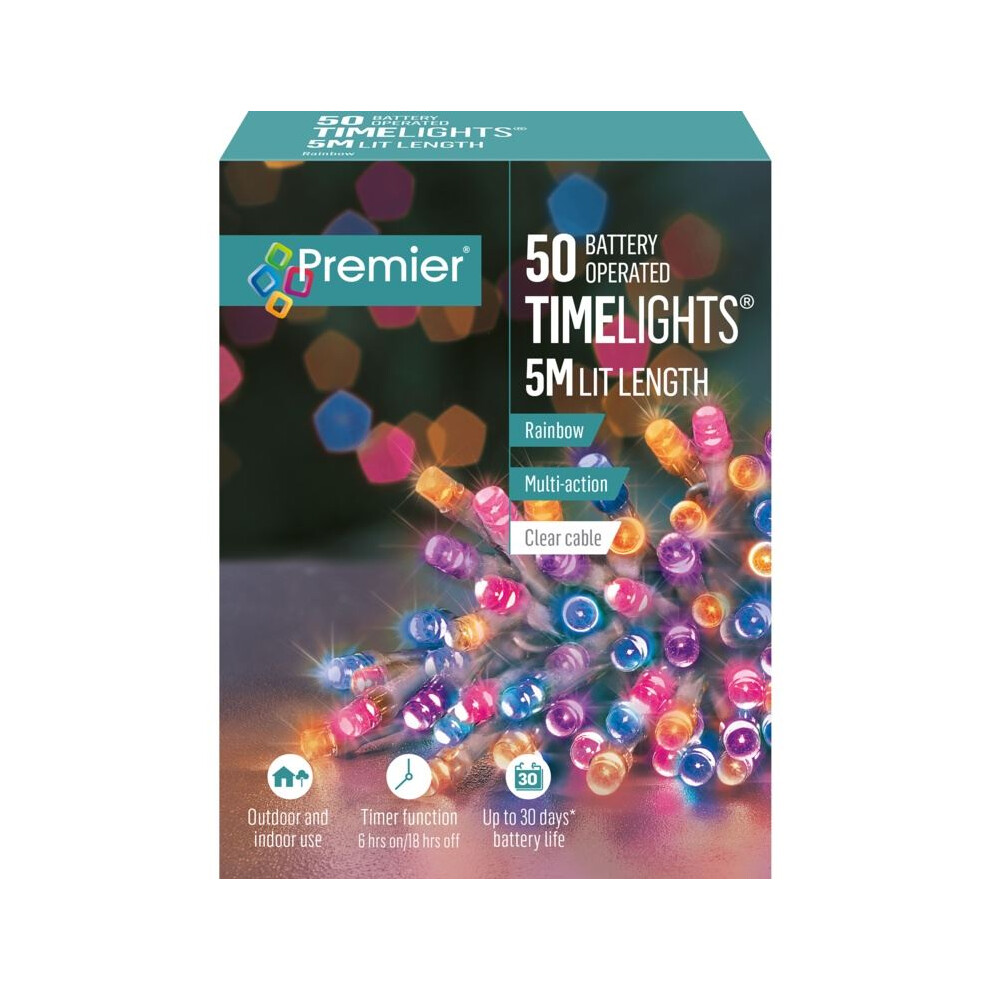 Premier Decorations Battery Power Indoor/Outdoor Timer Function 50 Led Rainbow Lights