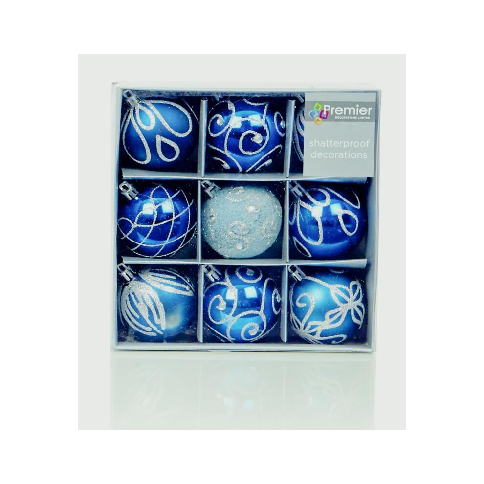 Premier 60Mm Midnight Christmas Baubles | 9 Assorted | Shatterproof Tree Decorations Blue