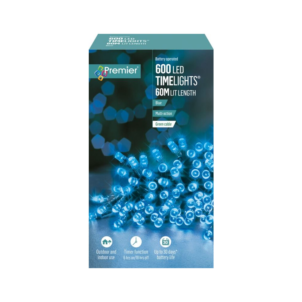 Premier 600 Led 60M Battery 8 Function Outdoor Smart Timer Christmas Lights Blue