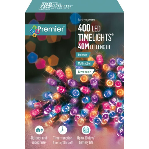 Premier 400 LED 40m Premier Christmas Outdoor 8 Function Battery Timer Lights Rainbow