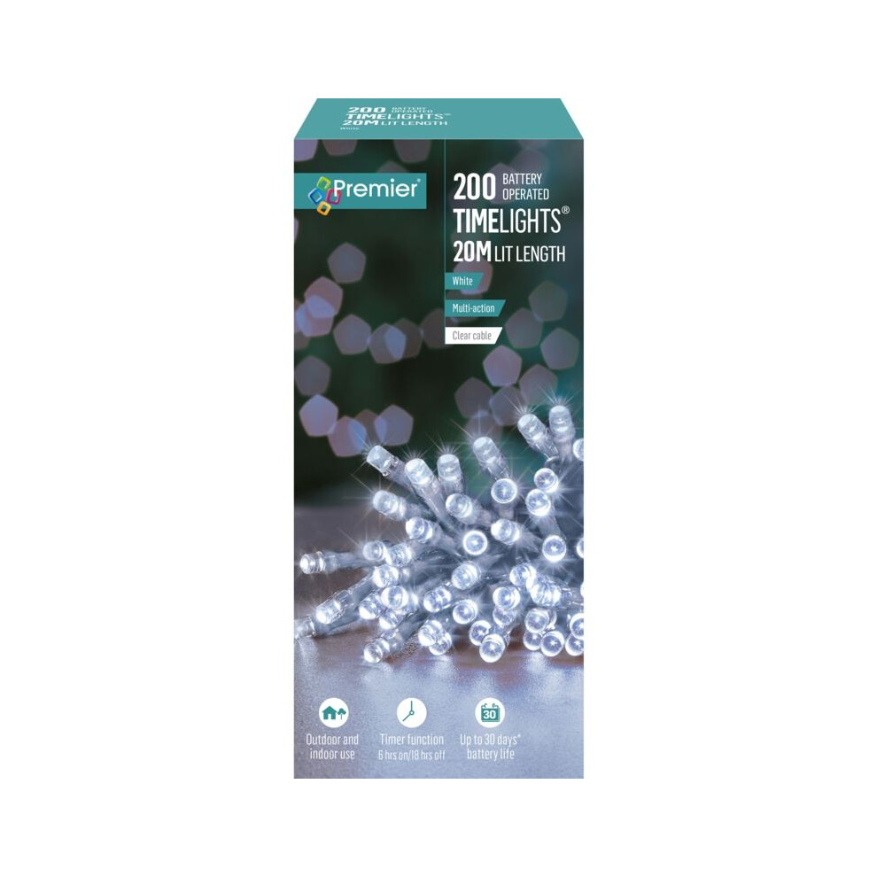 Premier 200 Led 20M 8 Function Battery Christmas Timer Lights In Cool White