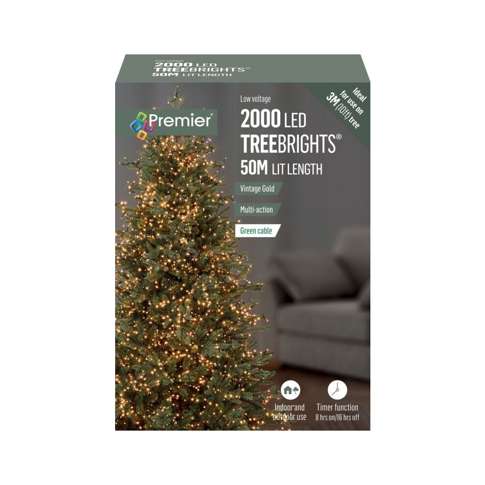 Premier 50M 2000 Led Vintage Multi-Action Treebrights With 8 Hour Timer Gold