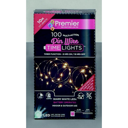 Premier Christmas 100 Micro Brights Battery Timer LED Lights Indoor / Outdoor - White