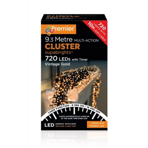 Premier 9.3m 720 Vintage Gold LED Outdoor Multi-Action Cluster Supabrights With Timer