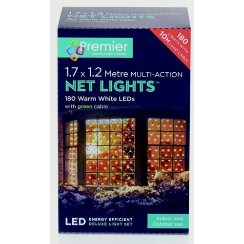 Premier Premier 1.7m x 1.2m 180 LED Multi Action Christmas Net Window Light - Warm White