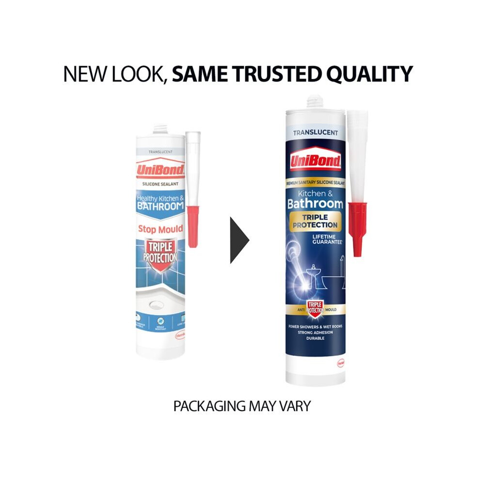 Unibond Triple Protection Stop Mould Sealant, Kitchen And Bathroom Sealant, Clear Silicone Sealant Repels, Kills, Prevents Mould Growth, Long-Lasting