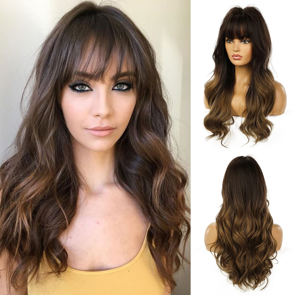 Natural Hairline Ombre Brown Wigs, Long Wavy Layered Heat-Resistant Synthetic Fiber for Cosplay Wedding Parties, Stylish Daily Use 24 Inch Brown Wig,